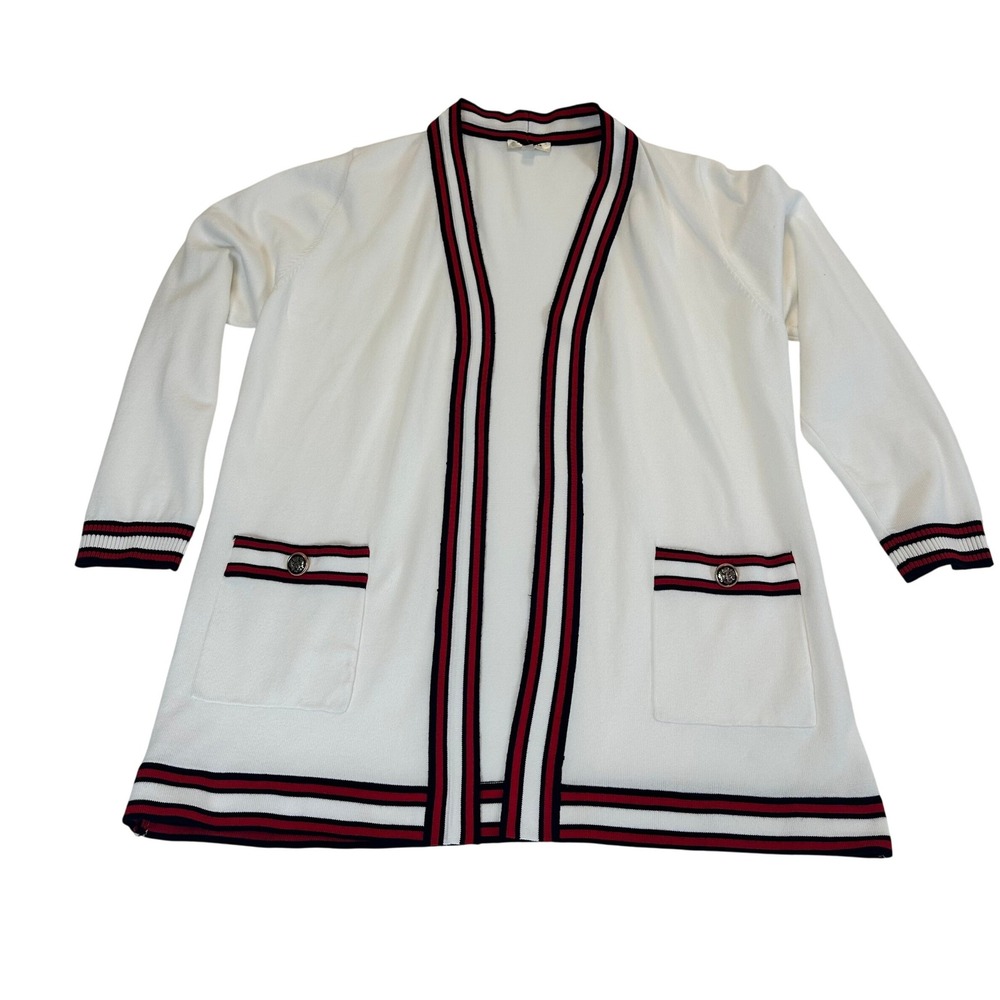 Essentials Milano Women's White Nautical Striped Open Front Cardigan Jacket Med